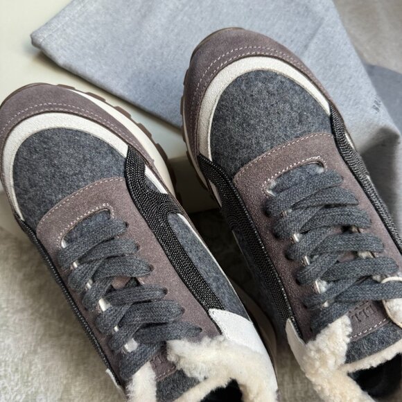 Brunello Cucinelli Fur-Lined Suede And Wool Sneakers - Picture 5 of 13